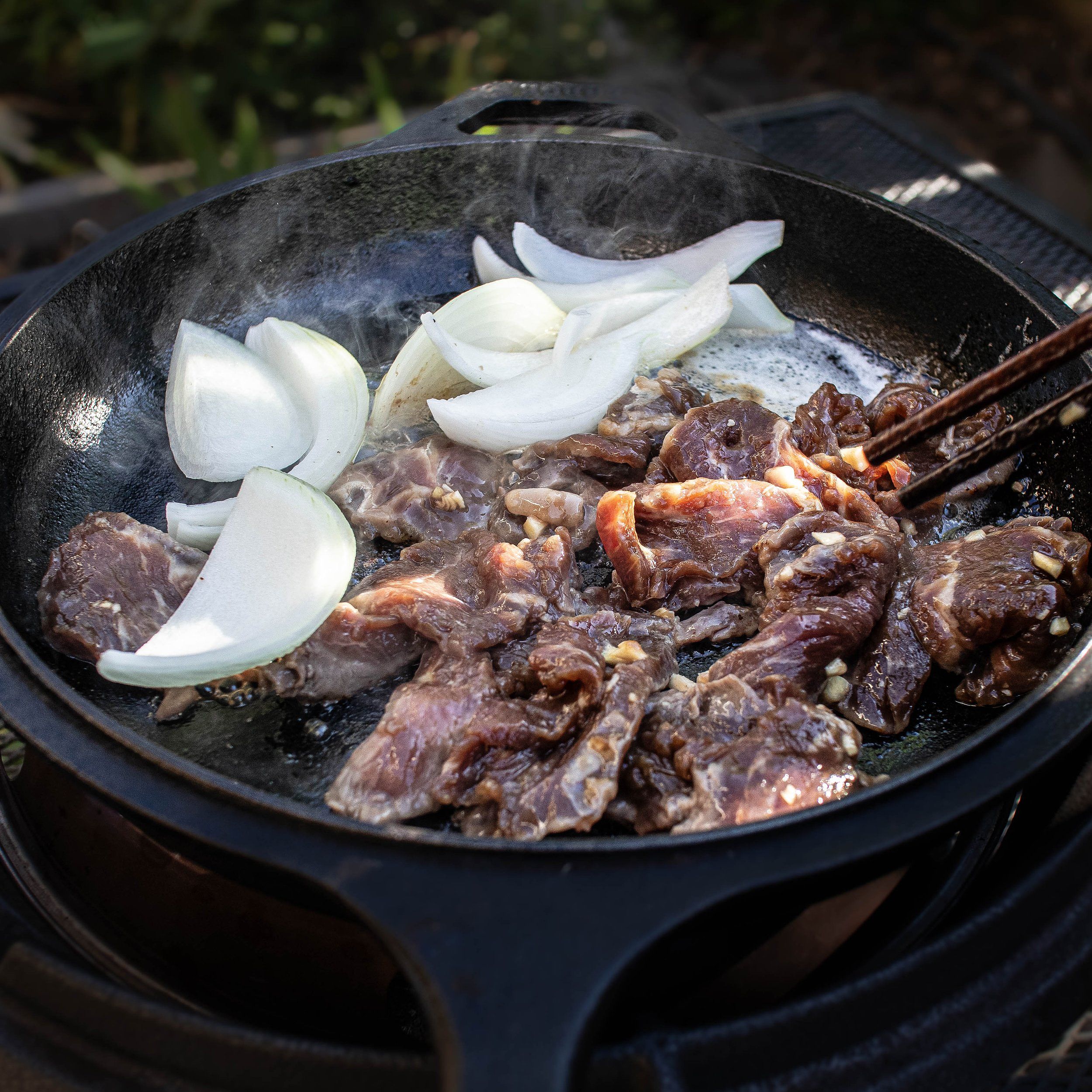 Add onions and beef steak