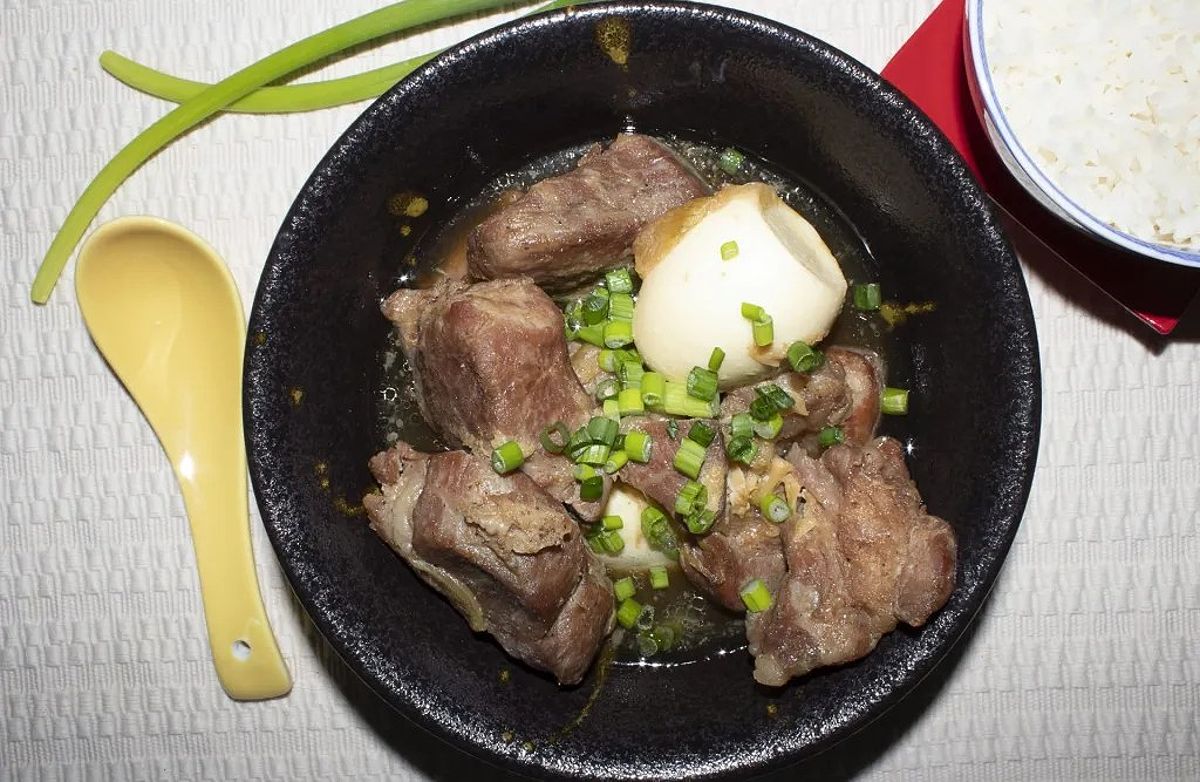 Braised pork with eggs and side of jasmine rice