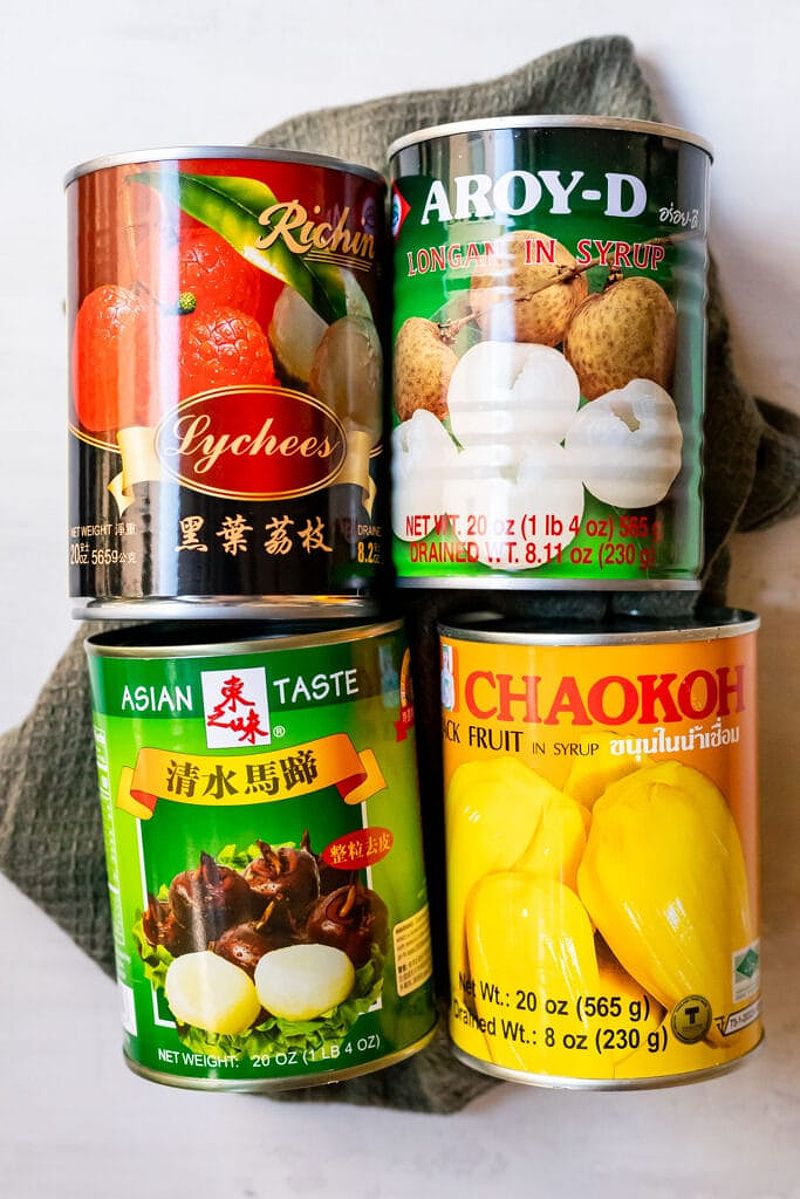 Canned jackfruit, canned longan, canned lychee, and canned water chestnuts