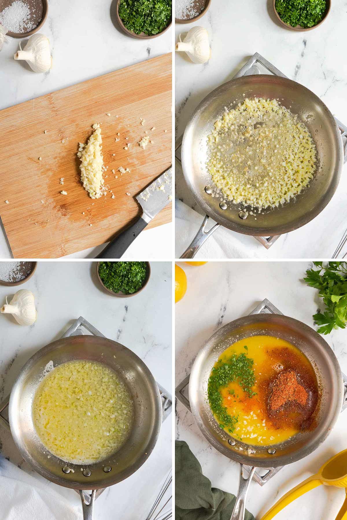 Cooking garlic in butter and adding ingredients to saucepan.