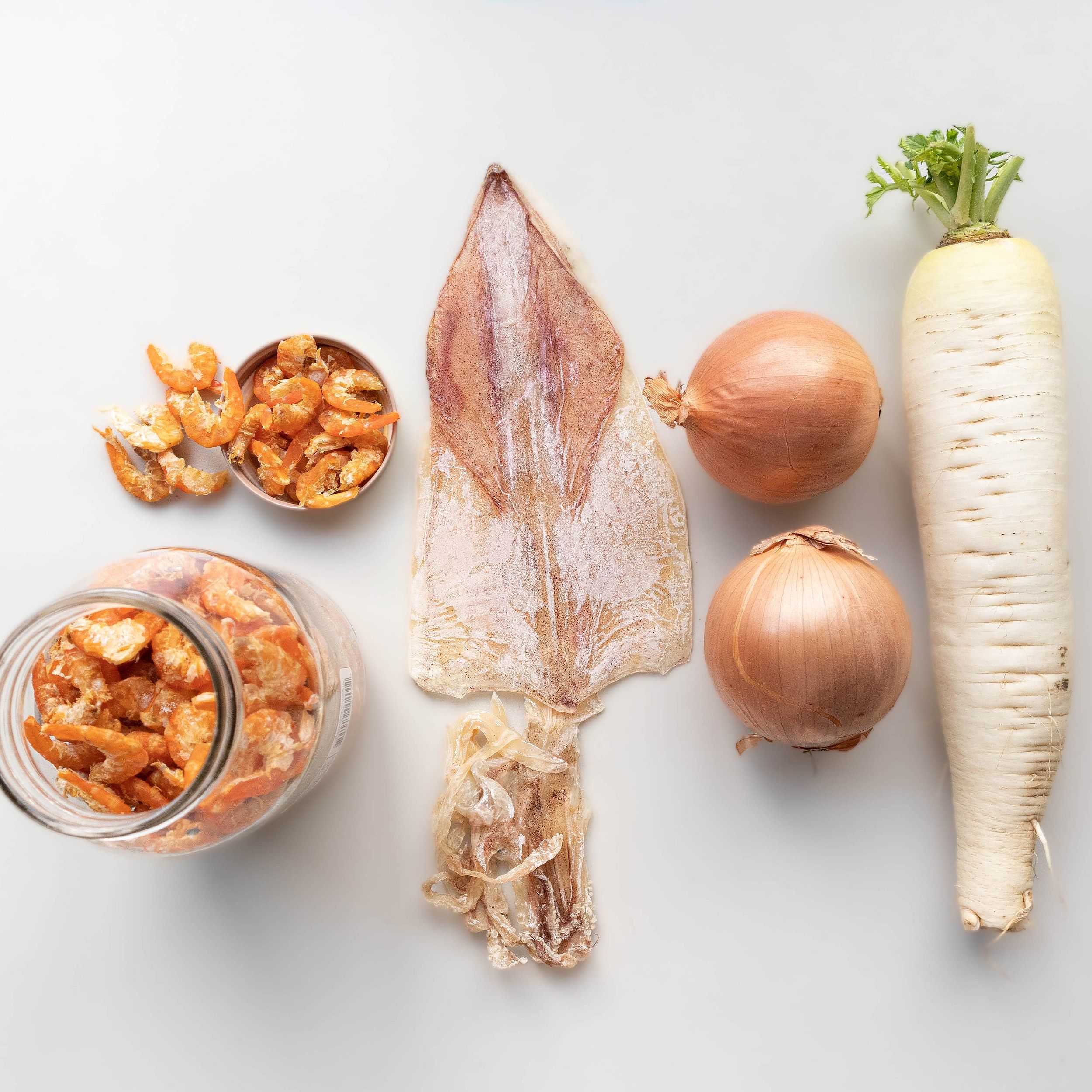 Dried shrimp, dried squid, yellow onions and daikon