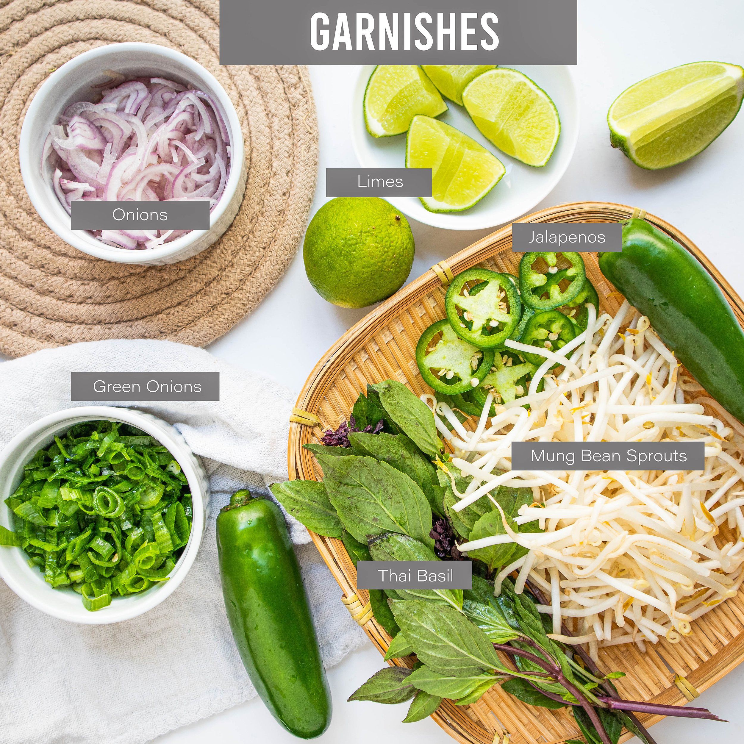 Garnishes and vegetables for Vietnamese Beef Noodle Soup (Phở Bò)