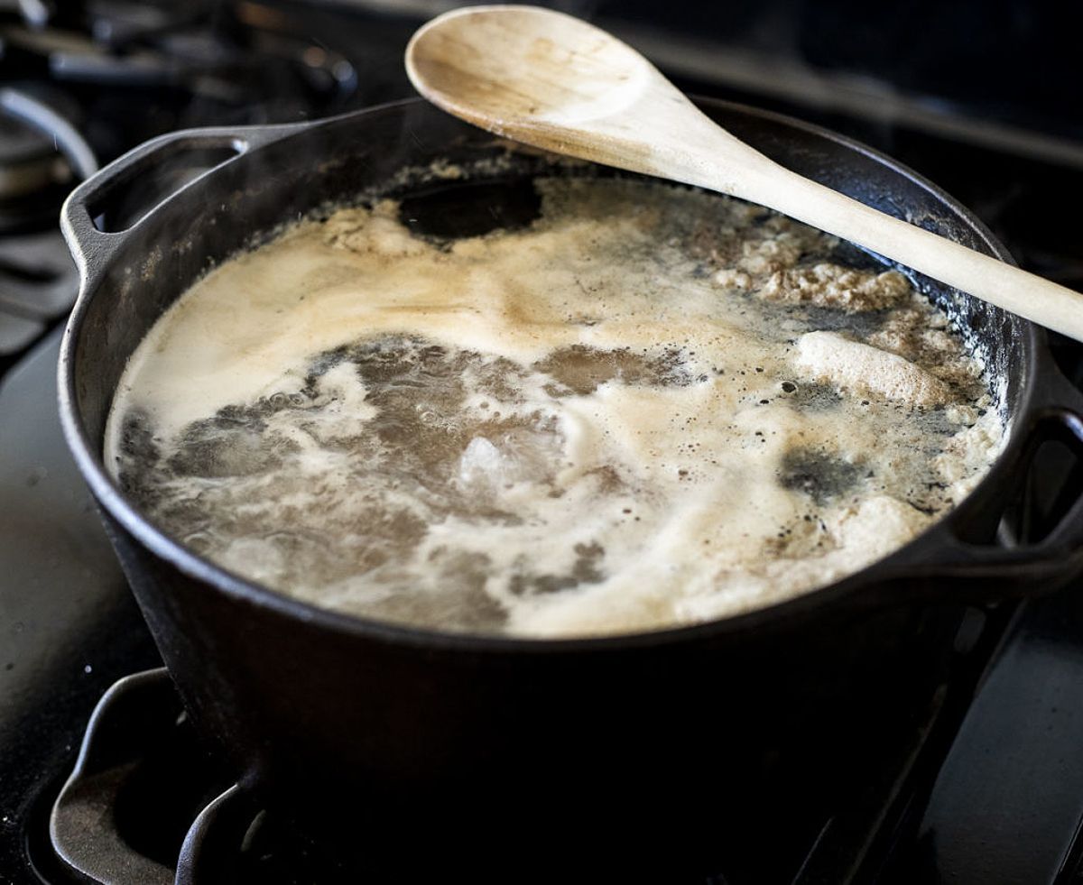 Pork bones simmering in a pot