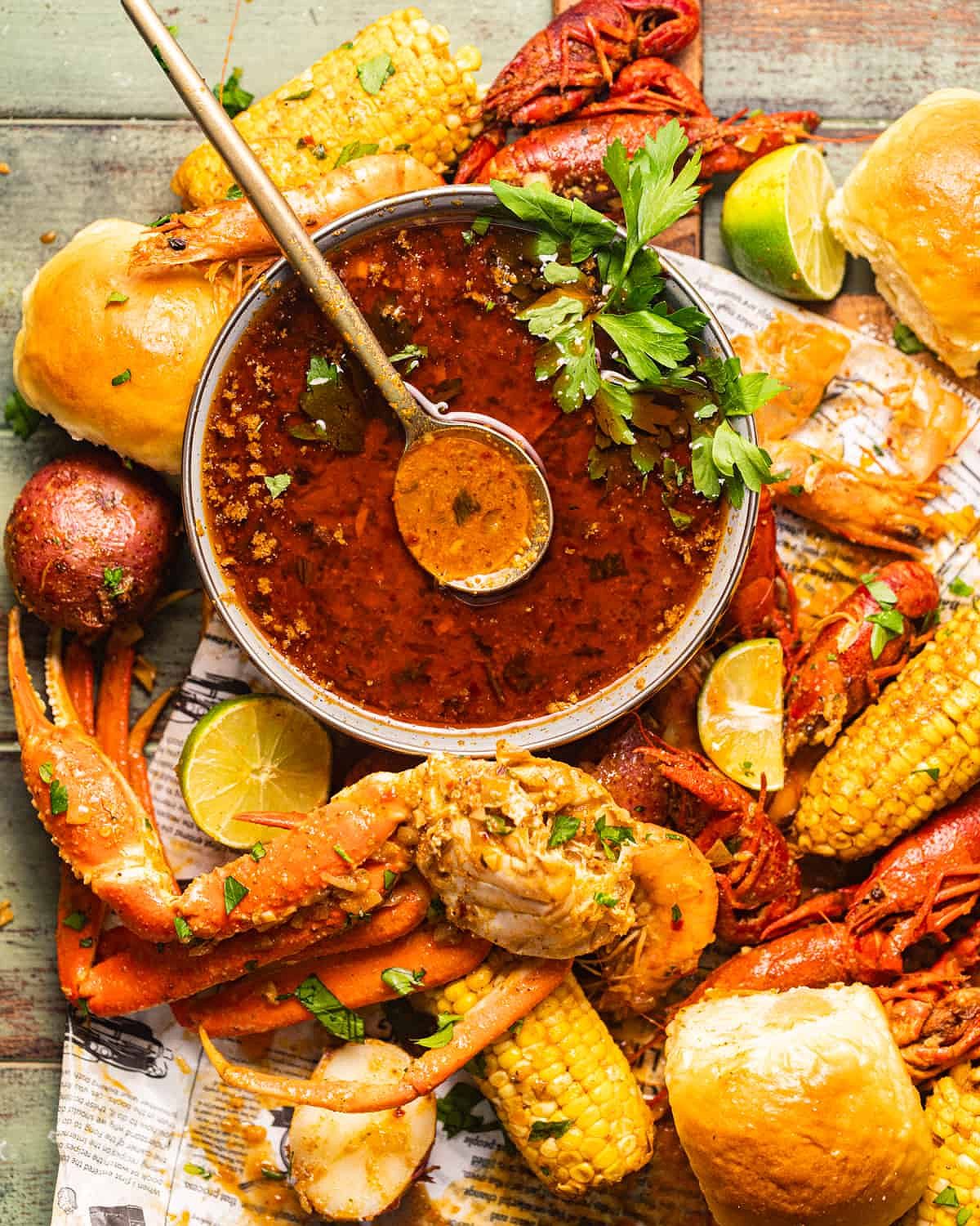 Seafood boil sauce in a bowl surrounded by crab legs, corn, shrimp, and crawfish.