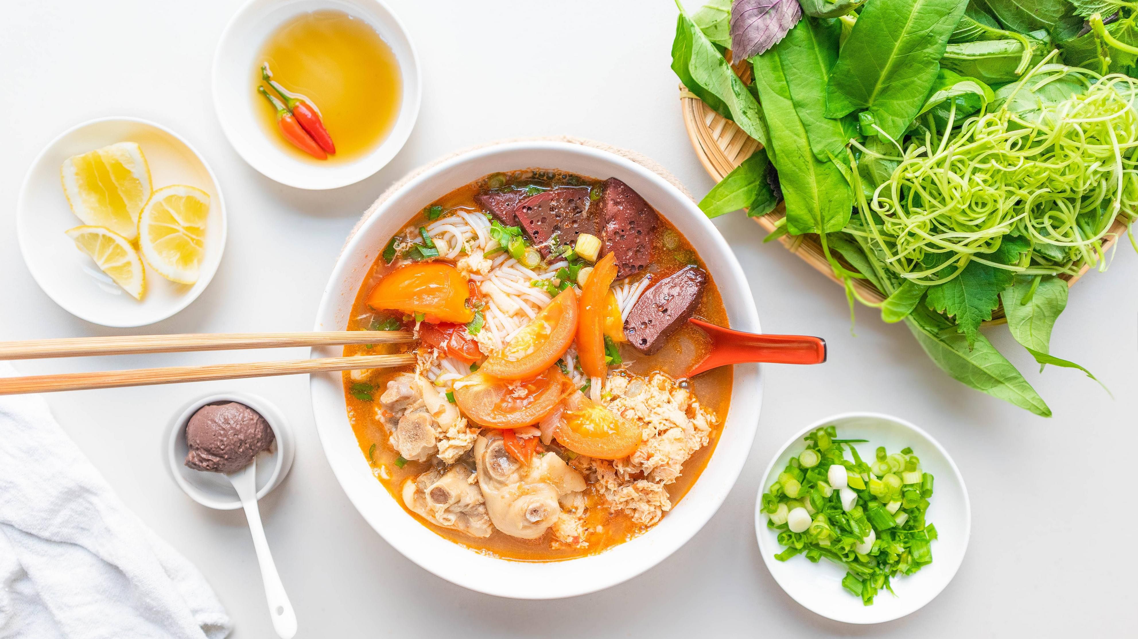 Vietnamese Crab and Tomato Noodle Soup (Bun Rieu from Scratch with Added Pork Hocks)