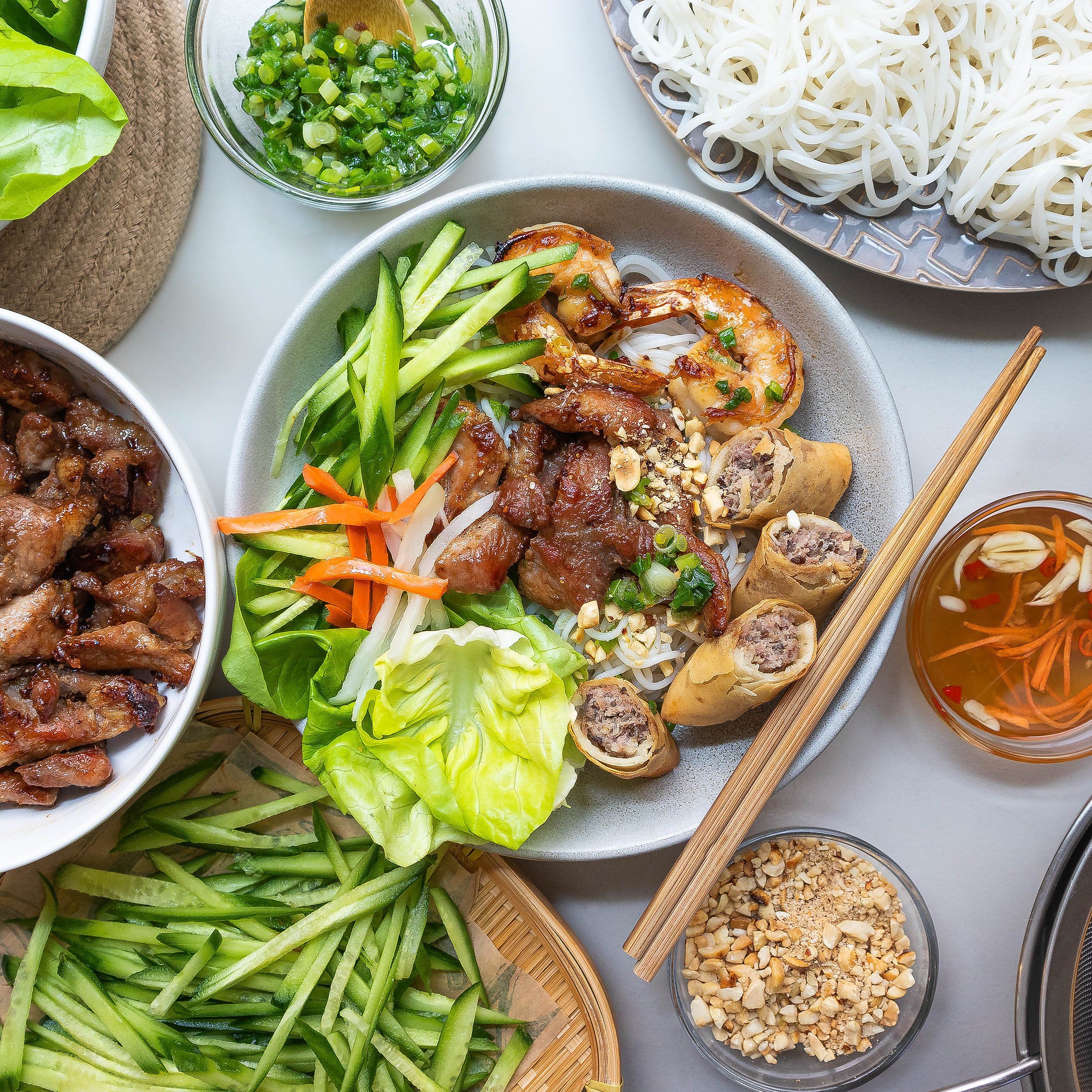 Vietnamese Rice Noodles with Grilled Pork, Shrimp and Egg Rolls