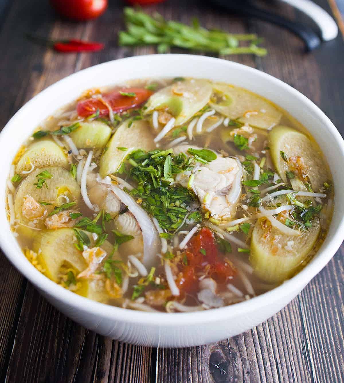 Canh Chua Cá in a bowl ready to serve