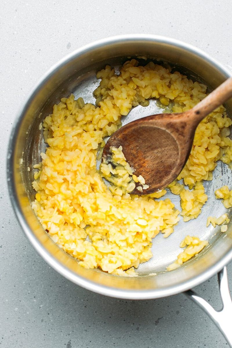 Cooked mung beans in a saucepan