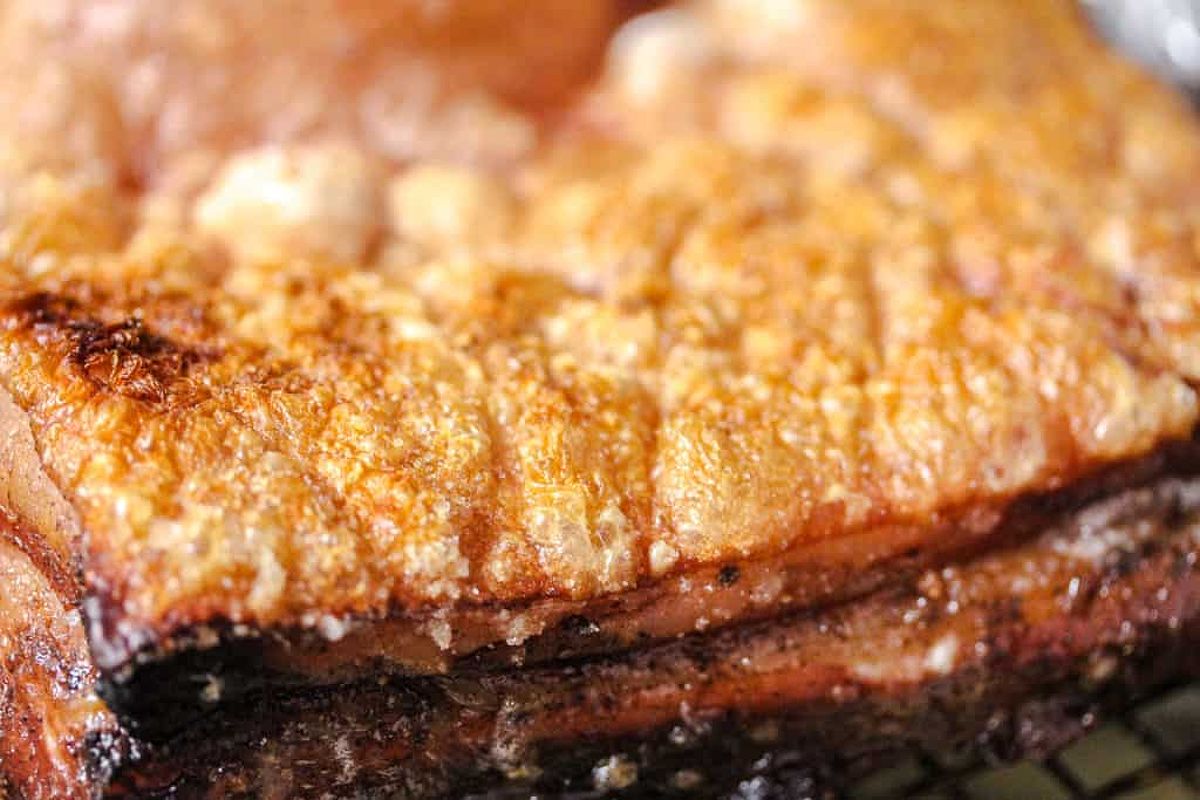 Crispy skin on roasted pork belly