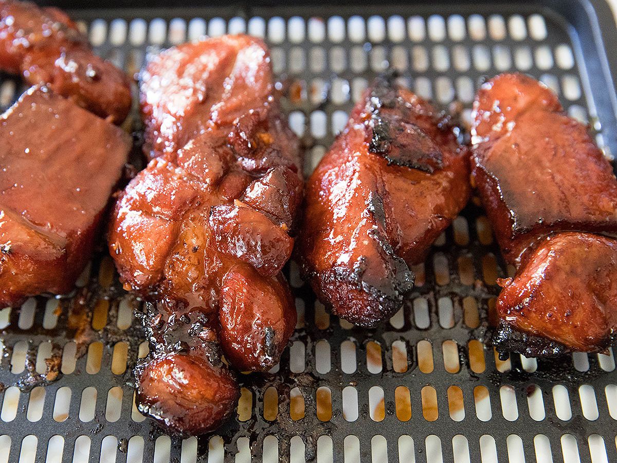 Glazed Char Siu on an air fryer rack