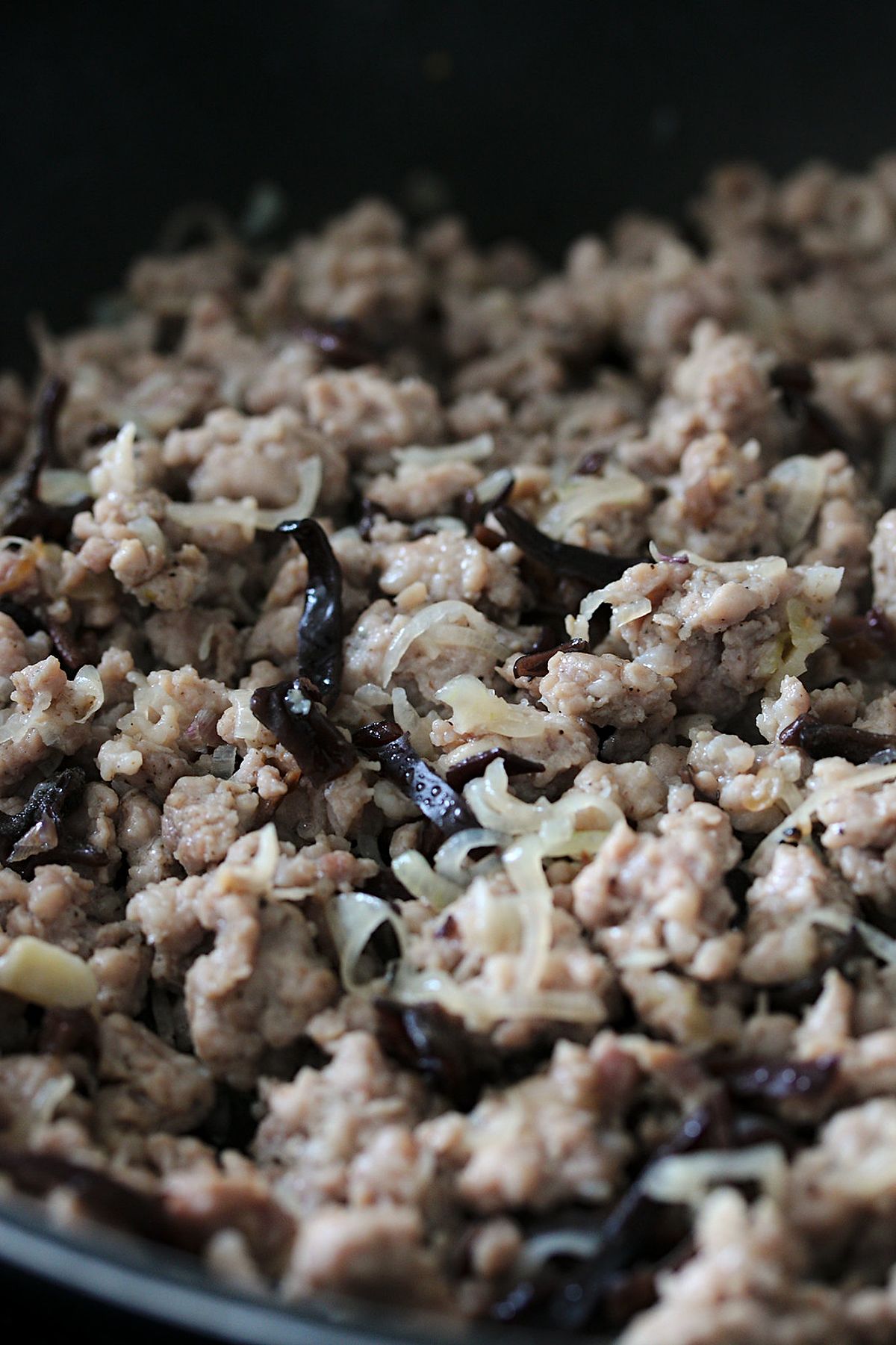 Ground pork and wood ear mushrooms filling for Vietnamese rice flour pyramid dumplings