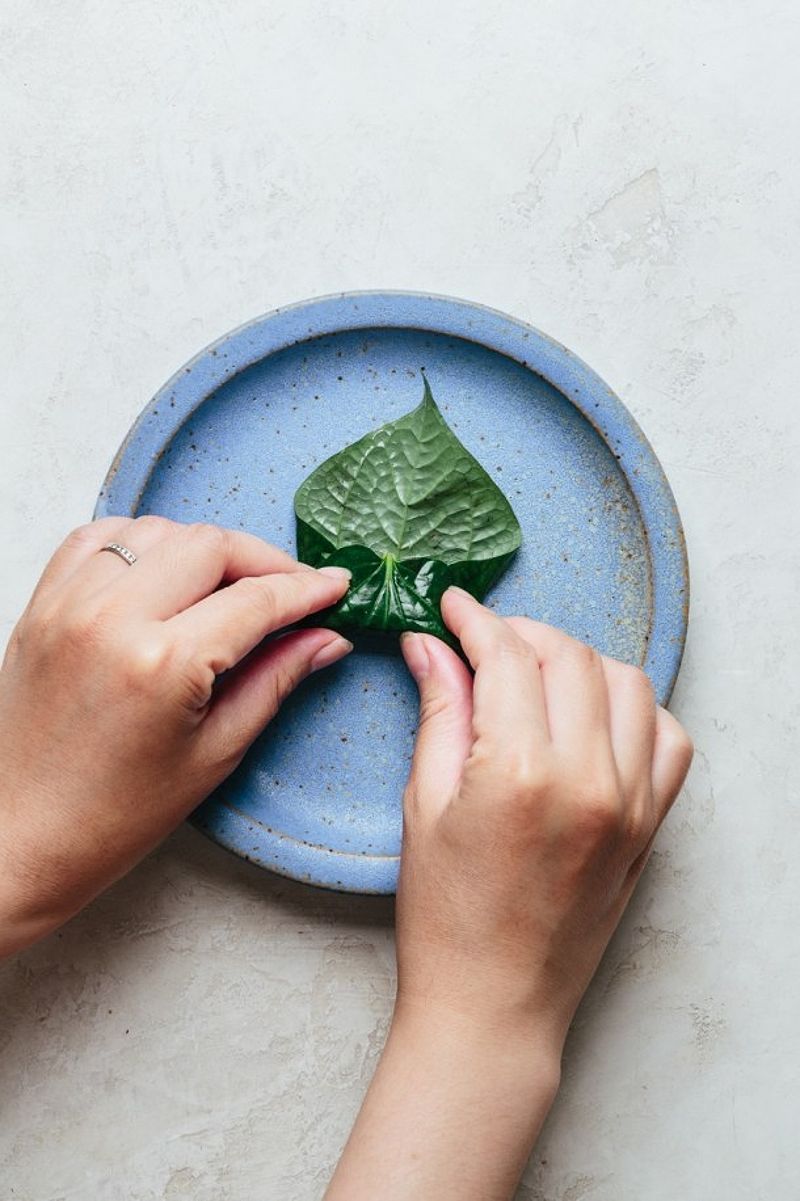 Hands rolling the betel leaf to form a cylinder