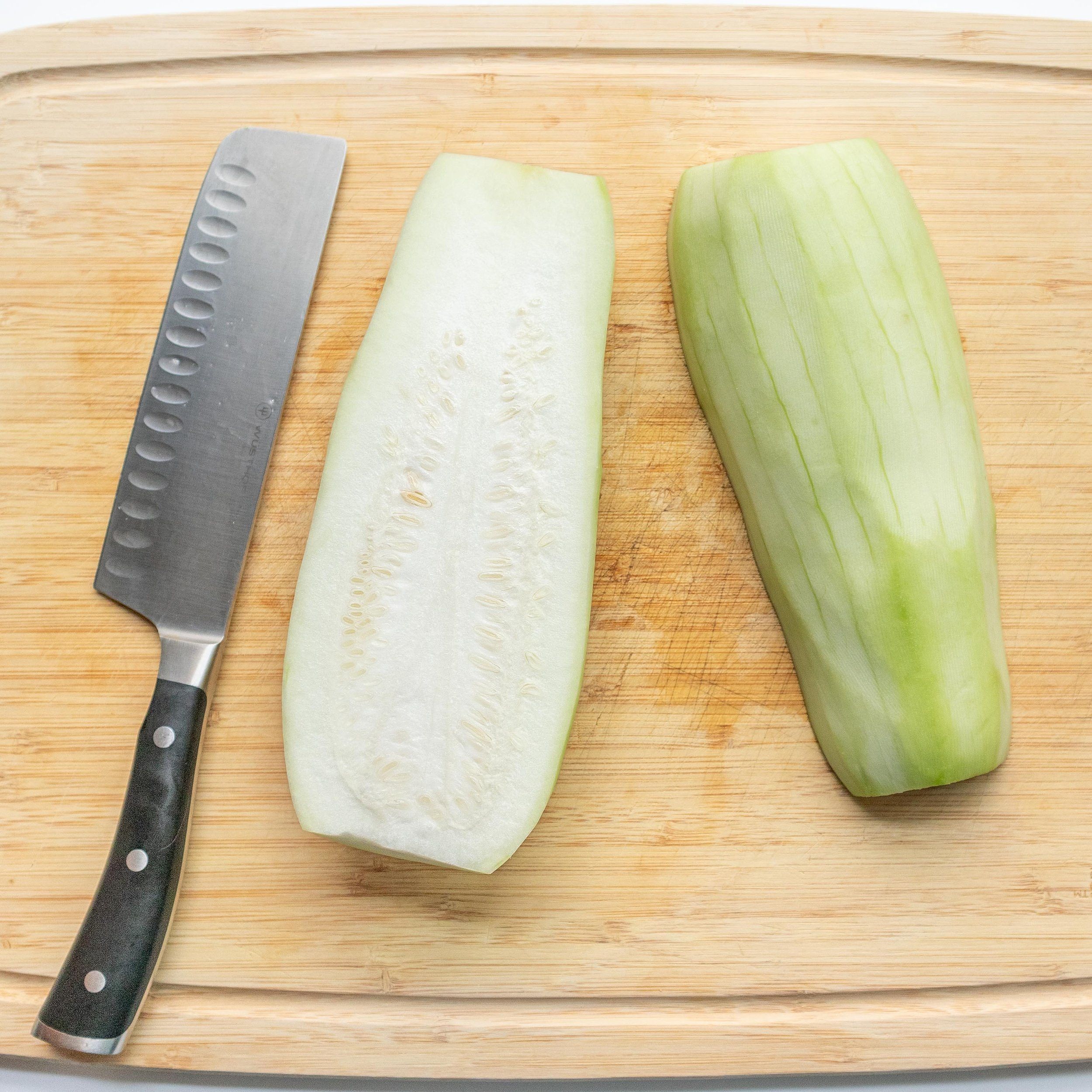 Peeled and sliced opo squash ready for cooking