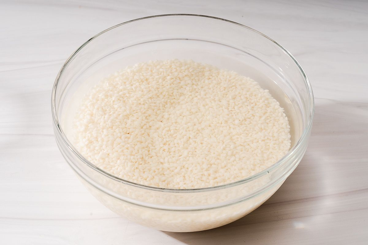 Sticky rice soaking in preparation for banh chung