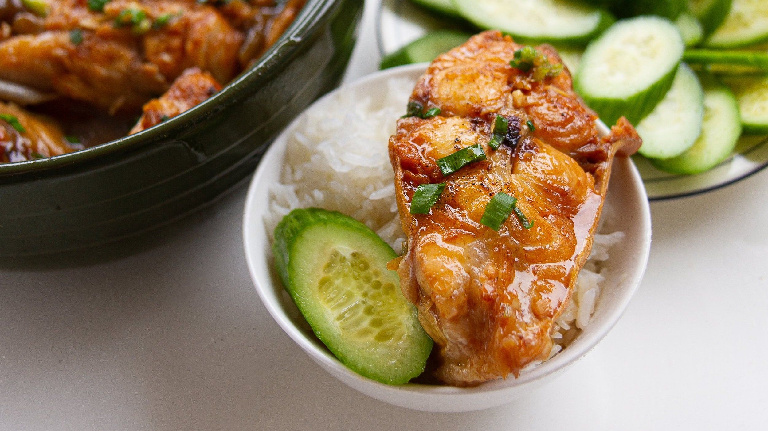 Vietnamese Braised & Caramelized Catfish in Clay Pot (Cá Kho Tộ) with Steamed Rice and Cucumbers